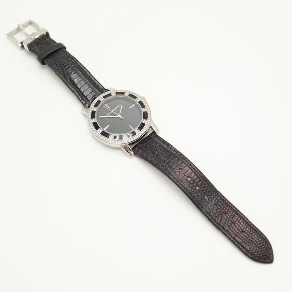 BCBG MAXAZRIA 38mm Black Watch Gem Glitz Bezel Black Leather with New Battery